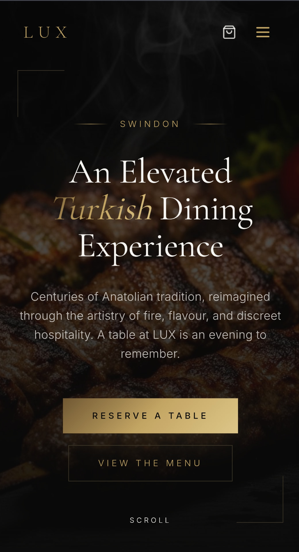 The LUX Swindon home screen on a phone, with buttons to reserve a table and view the menu