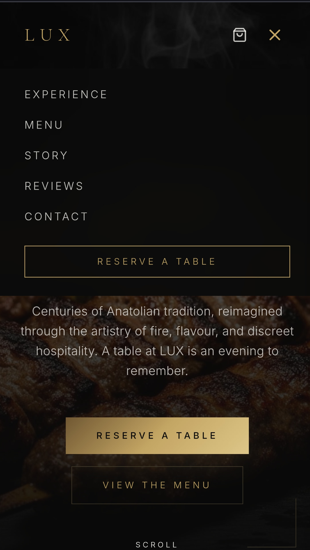 The LUX phone navigation open, listing the sections of the site
