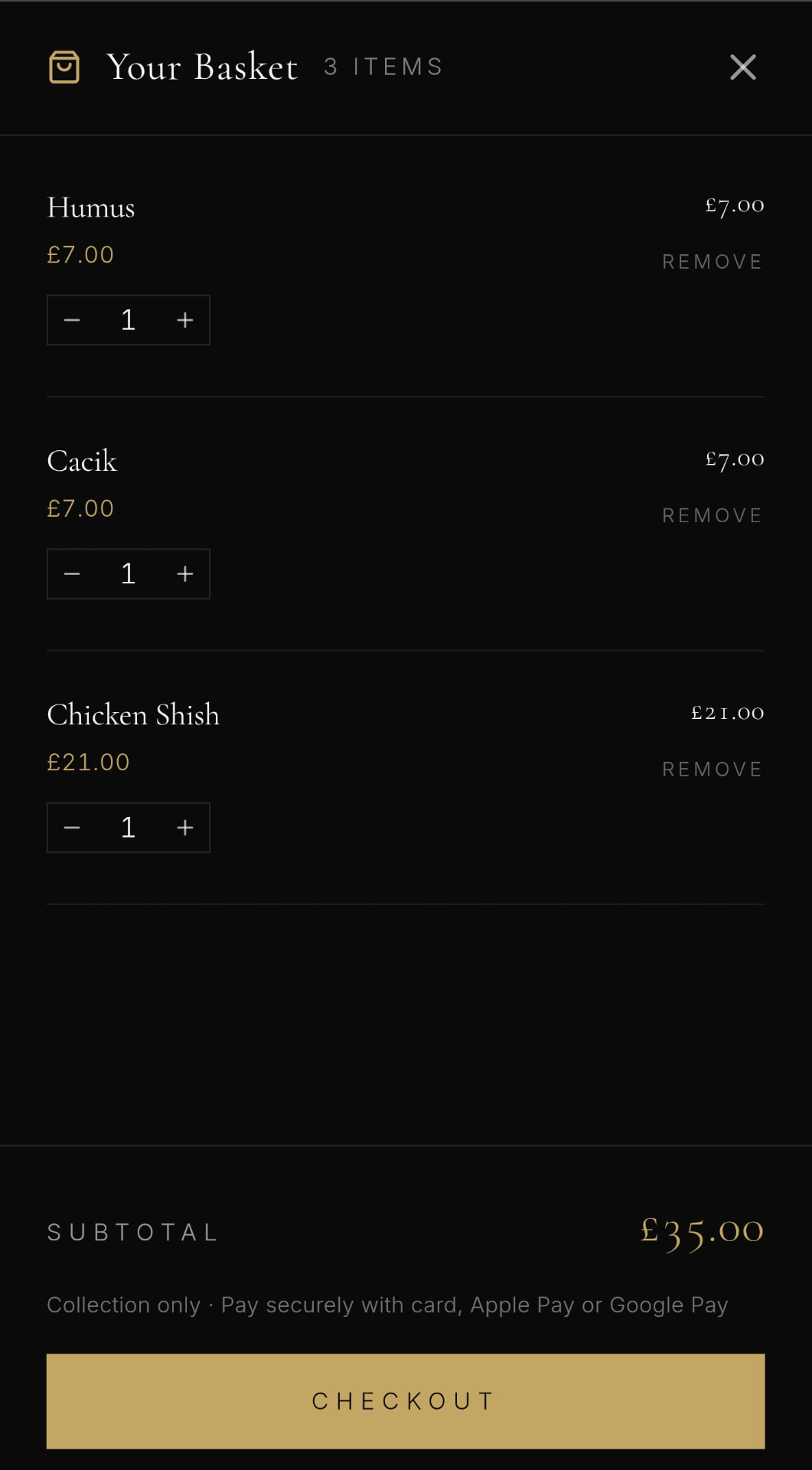 A collection order basket on a phone showing three items and a subtotal